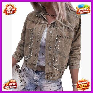 Cropped Studded Denim Jacket Distressed Western Style Long Sleeve